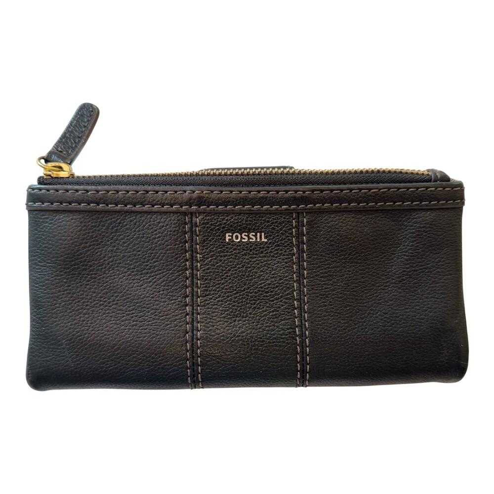 Fossil Black Leather Zip Around Wallet Clutch Cowhide Contrast Stitch